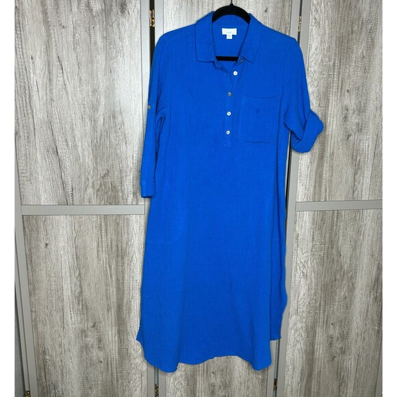 J. Jill Dress Womens Small Petite Midi Kaftan Gauze Roll Up Sleeves Pockets Blue - Picture 1 of 9